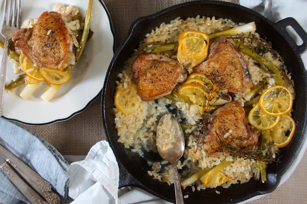 Baked Risotto with Chicken Thighs, Lemon & Scallions
