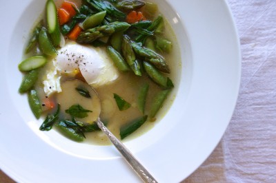 Spring Vegetable Soup with Poached Egg
