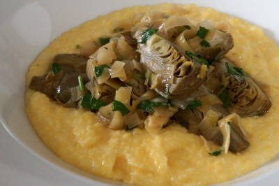 Braised Baby Artichokes with Creamy Polenta
