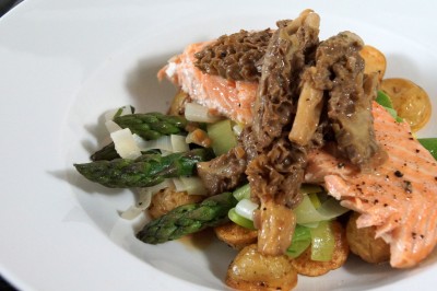 Salmon with Morel Mushrooms, Asparagus & Leeks
