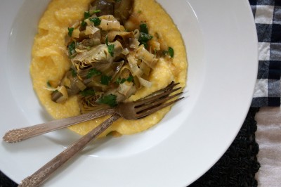 Braised Baby Artichokes with Creamy Polenta