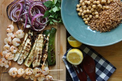Farro, Chickpea & Grilled Zucchini Salad with Shrimp