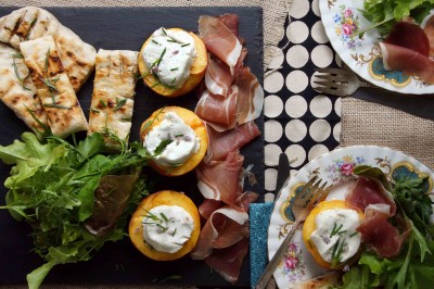 Grilled Peaches with Chevre, Mixed Greens & Prosciutto