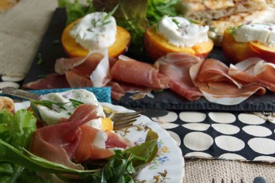 Grilled Peaches with Chevre, Prosciutto & Greens