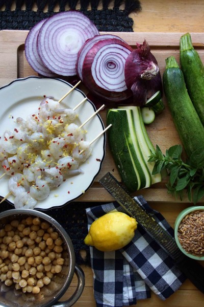Grilled Shrimp Skewers with Farro Salad