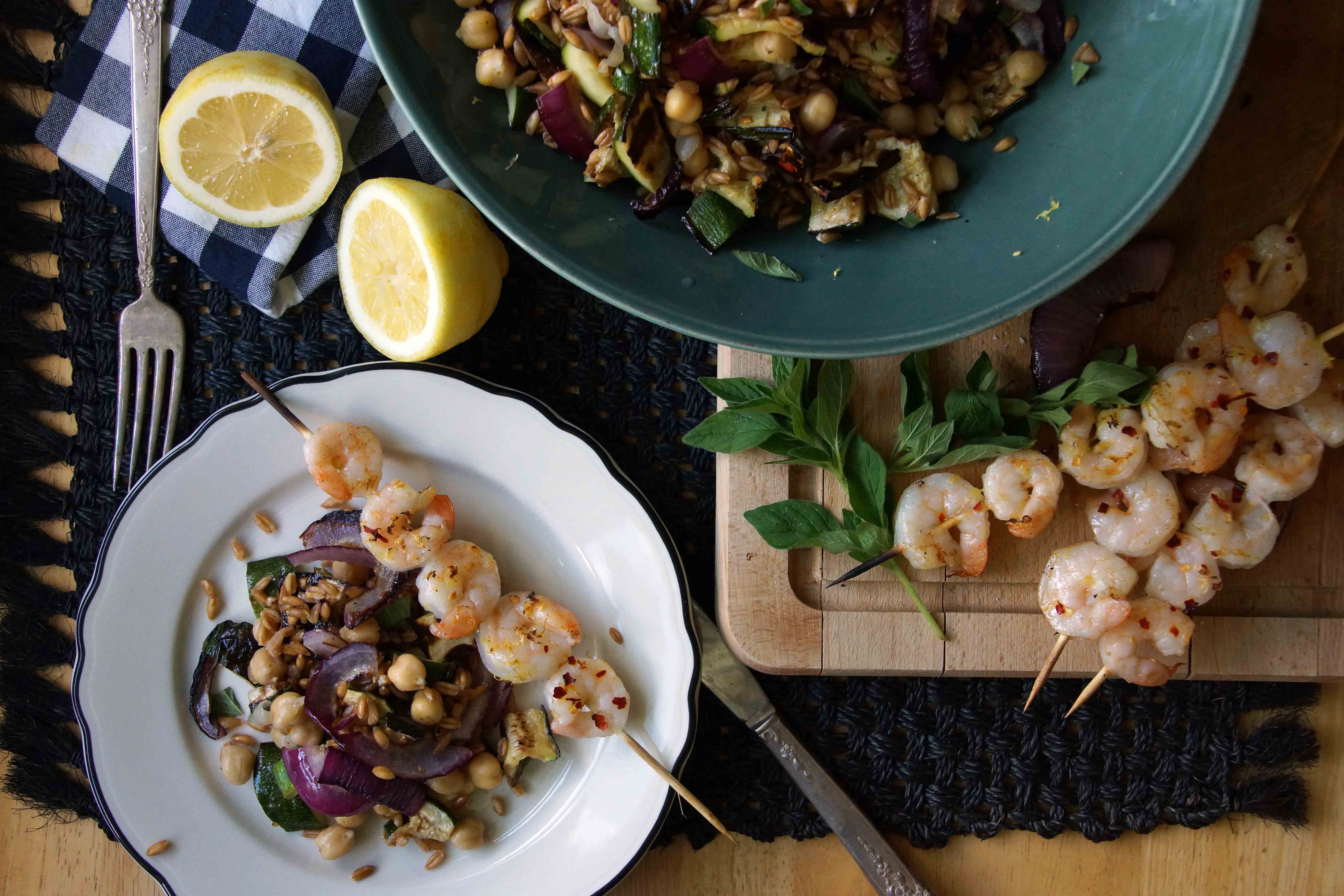 Grilled Shrimp with Farro & Chickpea Salad strawberryplum