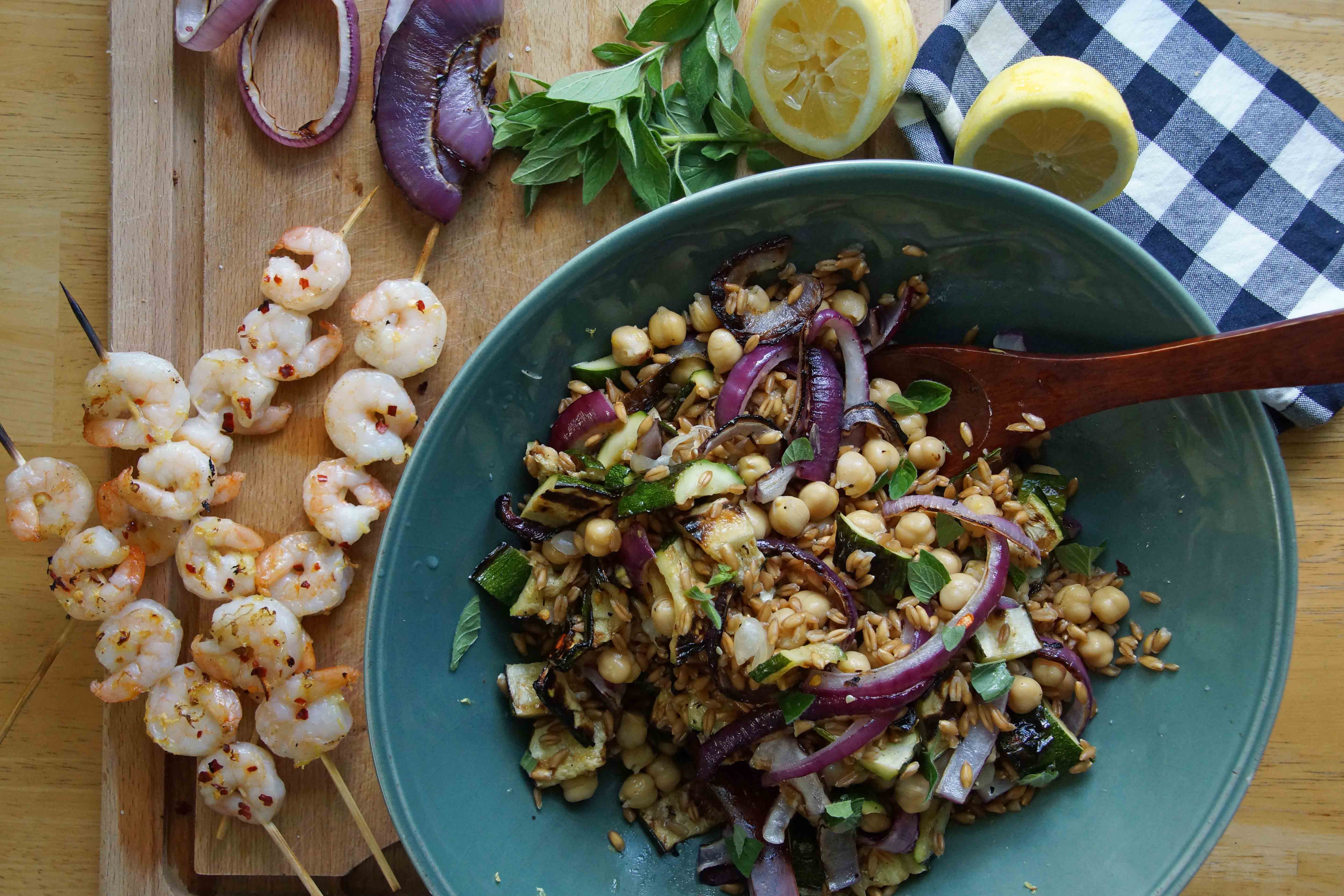Grilled Shrimp with Farro & Chickpea Salad strawberryplum