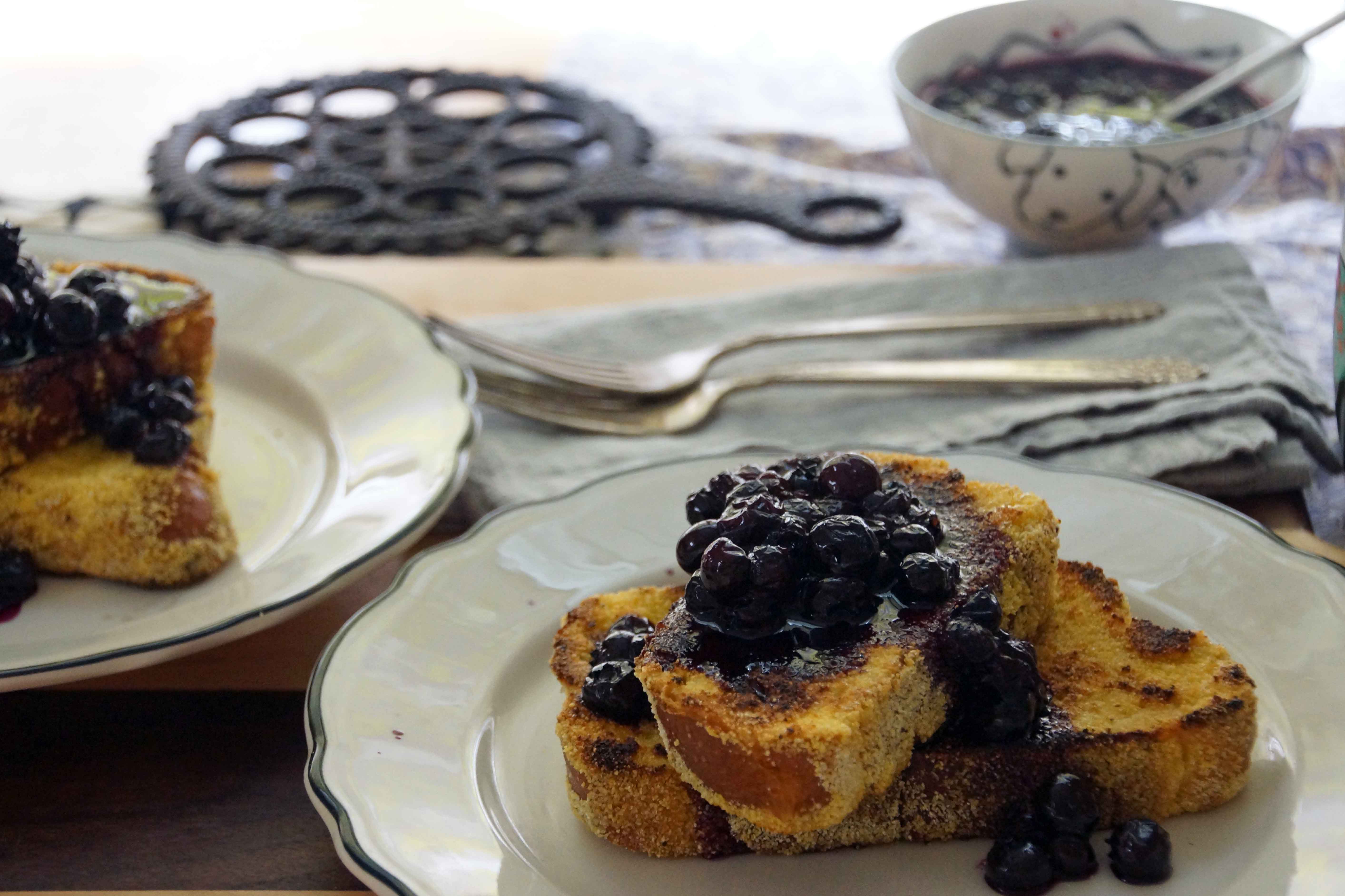 Cornmeal-Buttermilk French Toast with Maple-Blueberry Sauce
