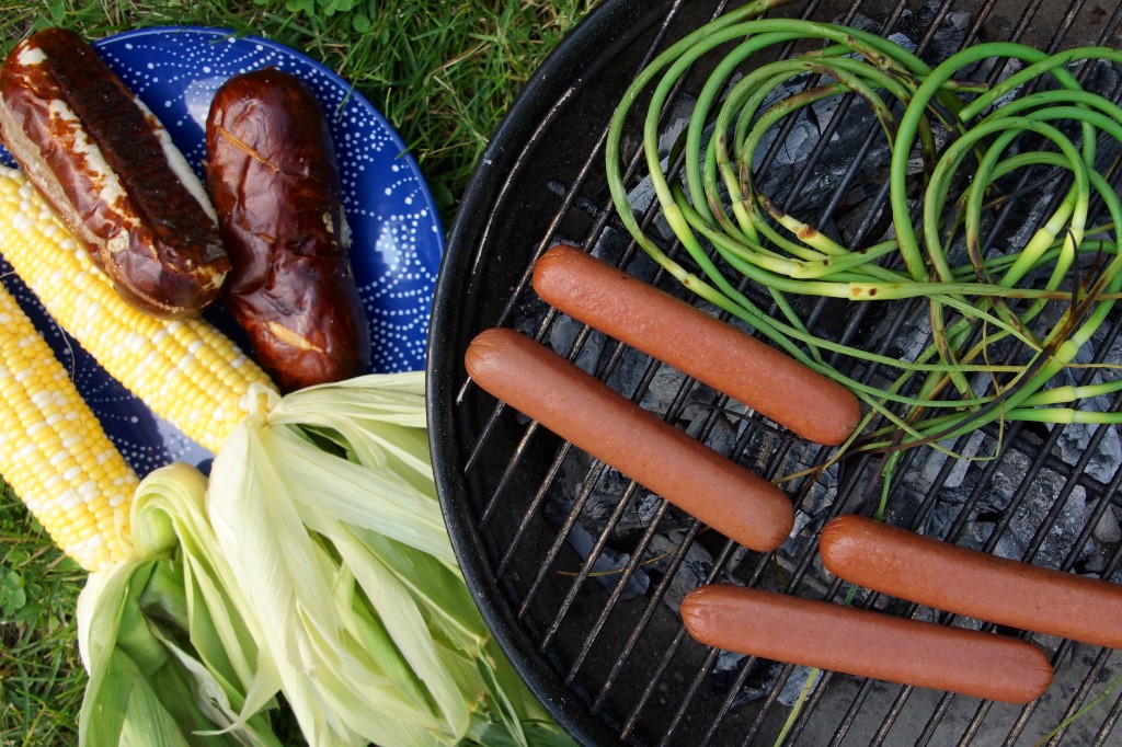 Grilling Garlic Scapes & Hot Dogs