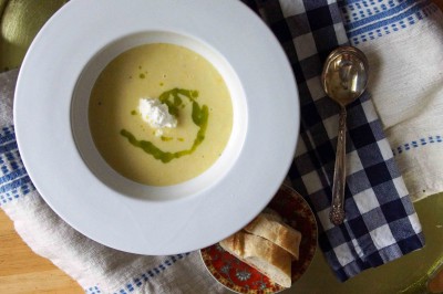 Sweet Corn Soup with Basil Oil and Ricotta