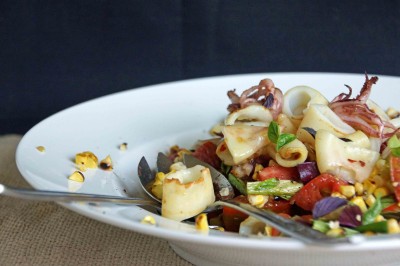 Grilled Calamari with Corn, Tomato & Basil Salad