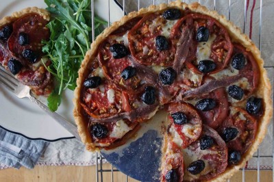 Tomato Tart with Caramelized Onions, Olives, Fontina & Anchovies