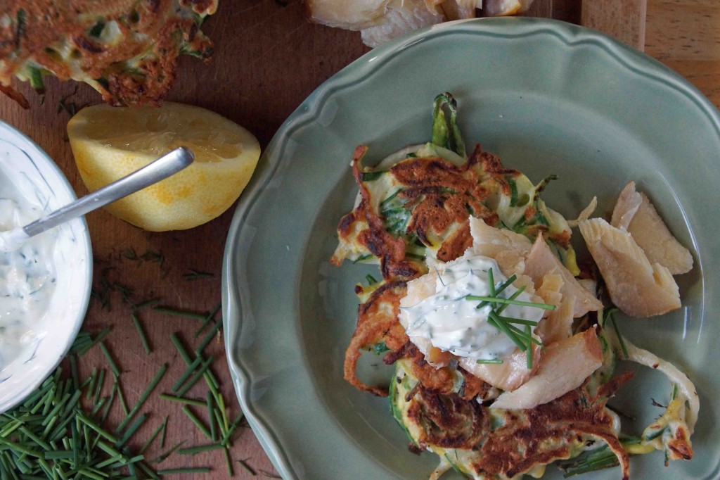 Zucchini Pancakes with Smoked Trout & Dill Yogurt