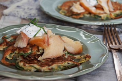 Zucchini Pancakes with Smoked Trout.
