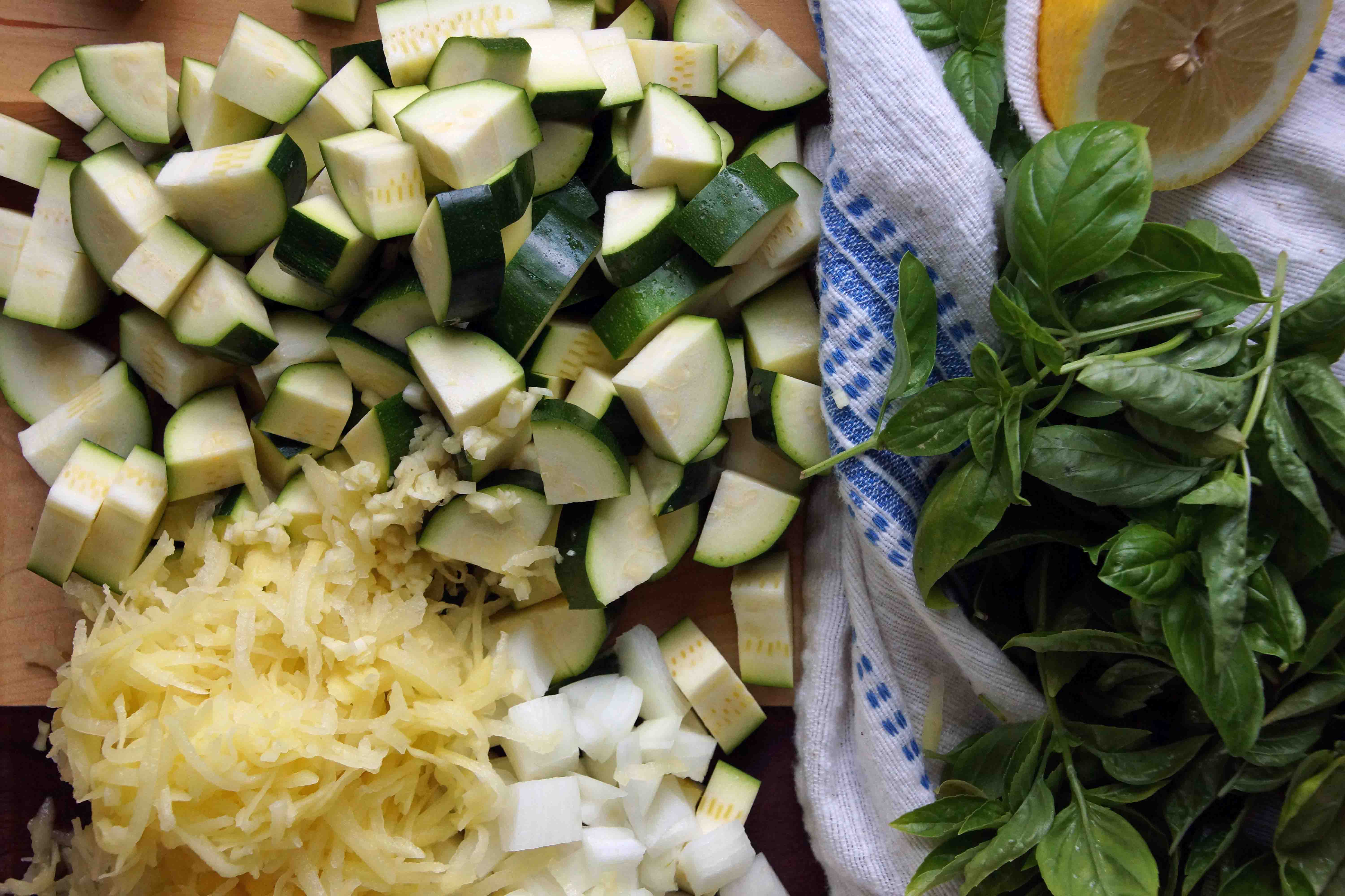 Prepped Ingredients for Zucchini-Basil Soup