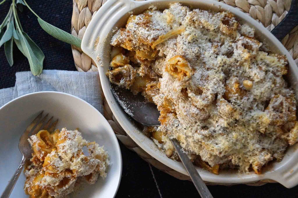 Baked Pumpkin Pasta with Caramelized Onions, Sage, and Chevre