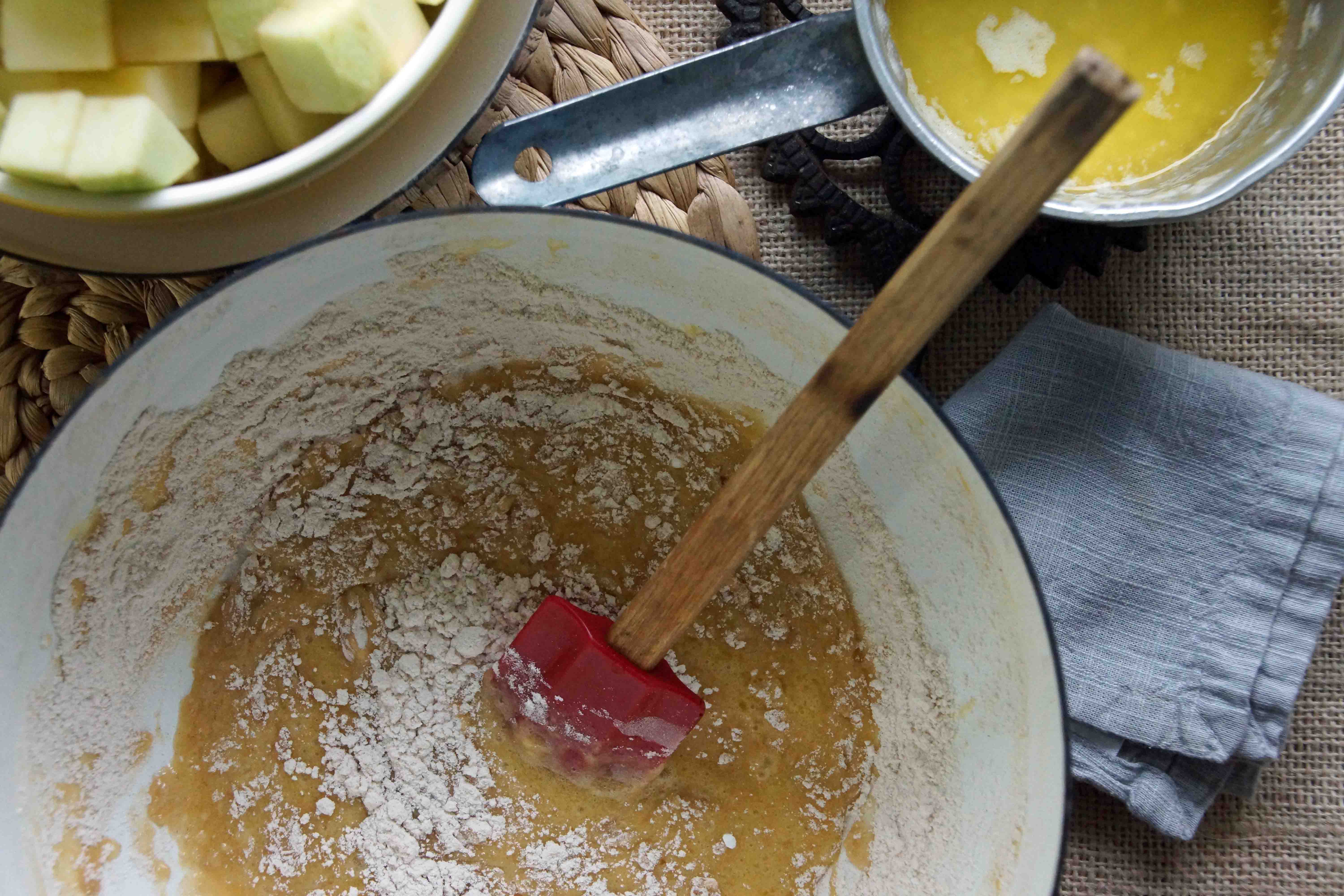 Combining Wet & Dry Ingredients for Apple Cake