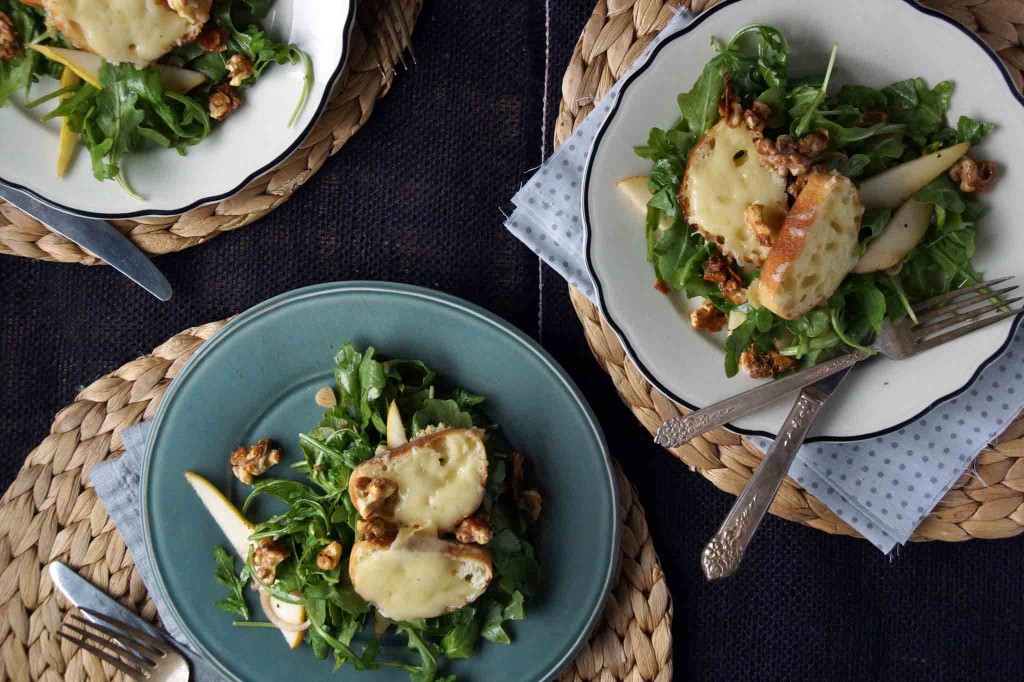 Pear and Arugula Salad with Candied Walnuts and Cheese Croutons