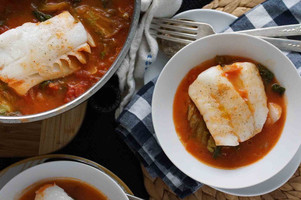 Poached Cod with Tomatoes & Escarole