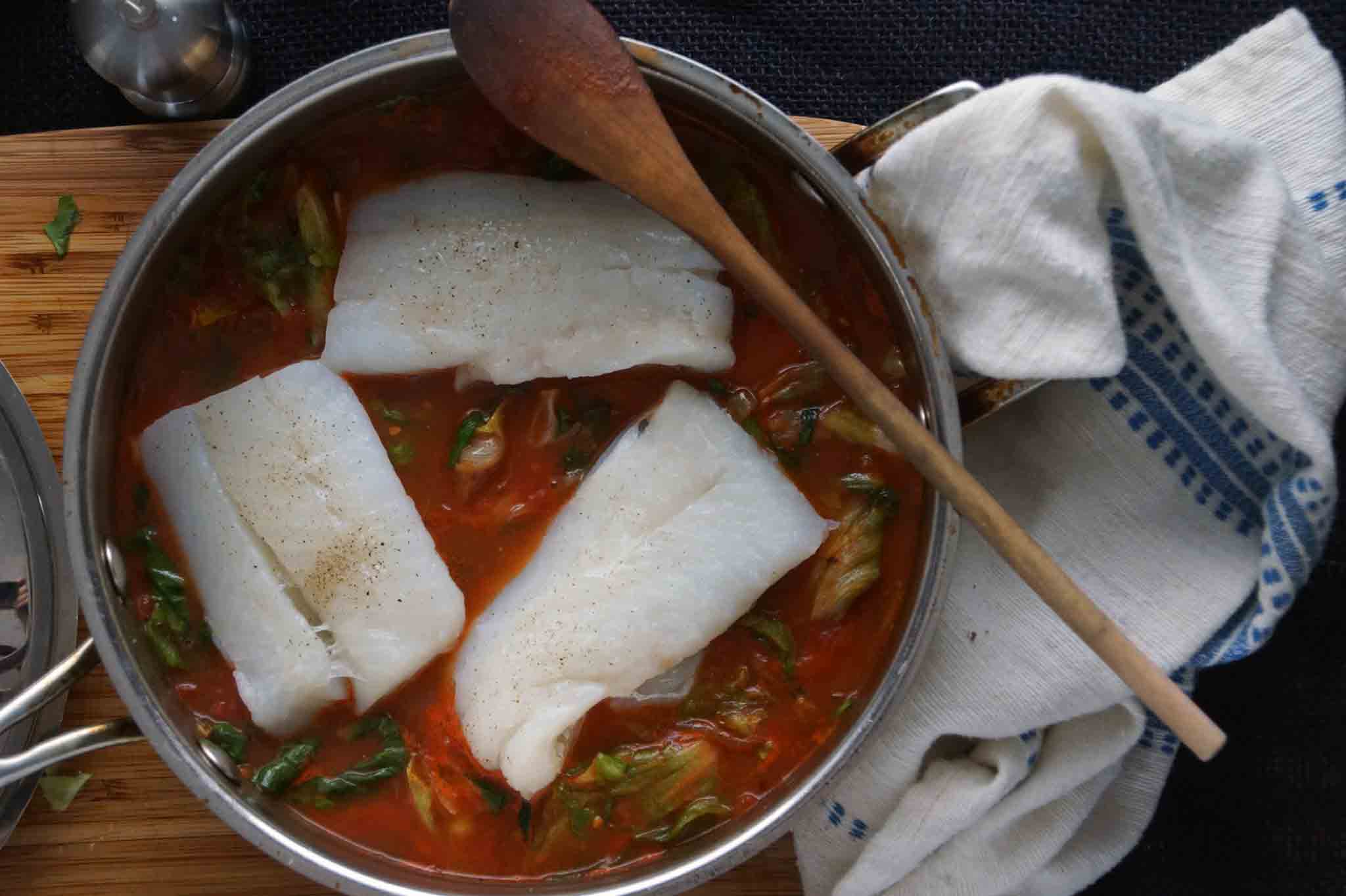 Poached Cod with Tomatoes & Escarole | strawberryplum