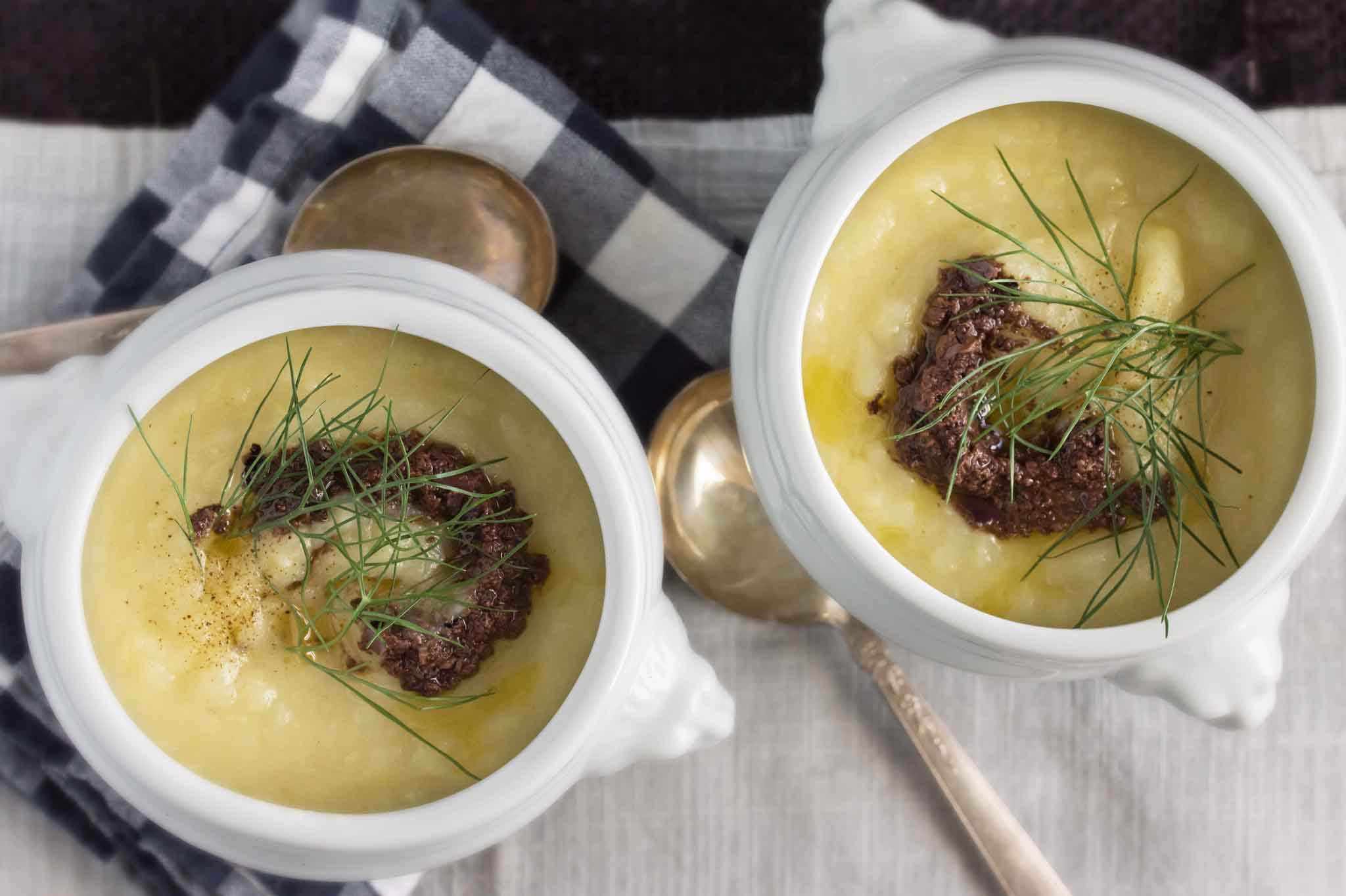 Potato, Fennel & Leek Soup with Olive Tapenade strawberryplum