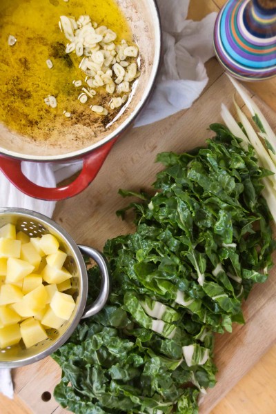 Chopped Chard, Boiled Potatoes, Sliced Garlic